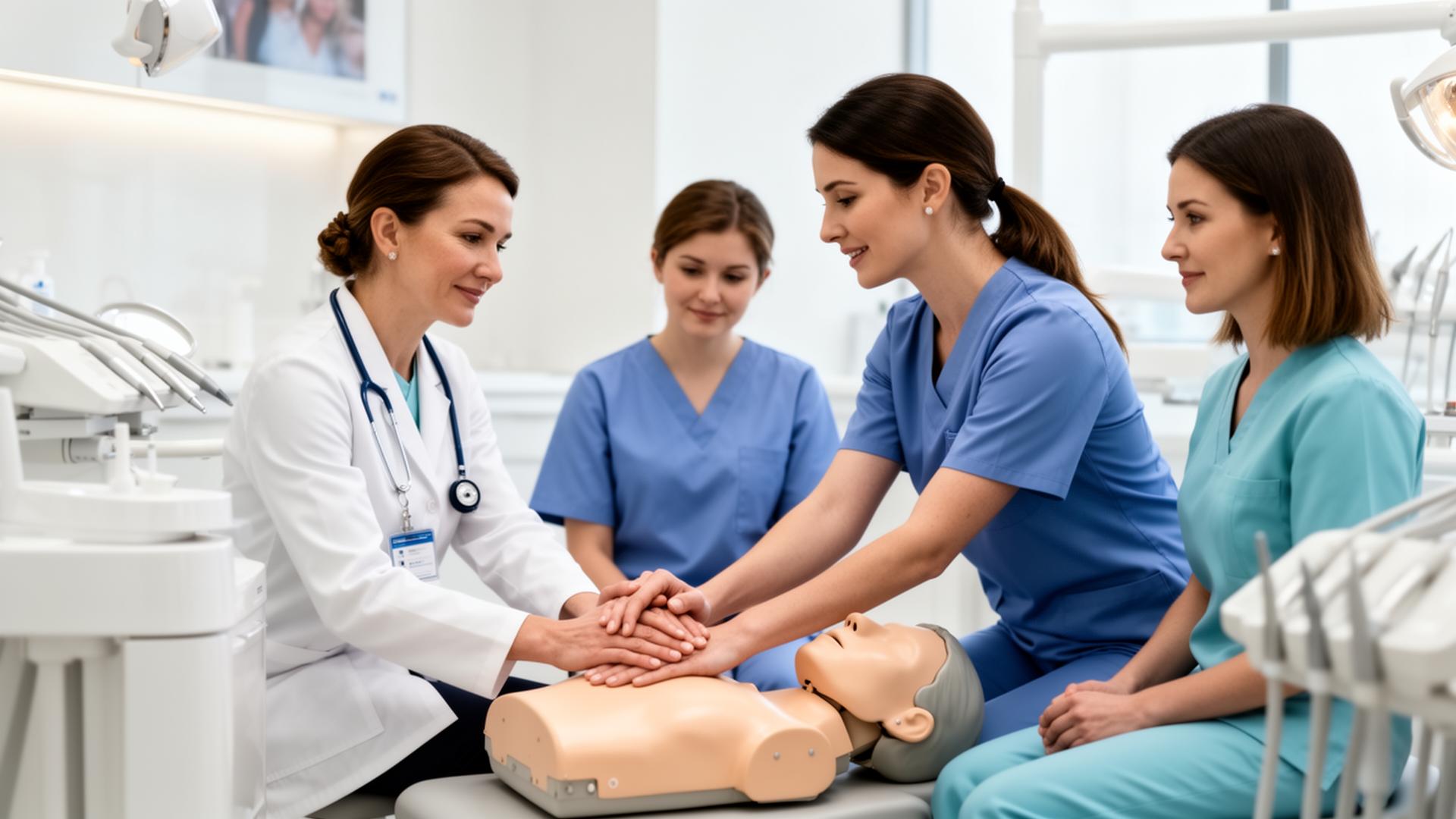 Certified instructor leading a dental team through hands-on CPR training on a manikin in a modern dental office