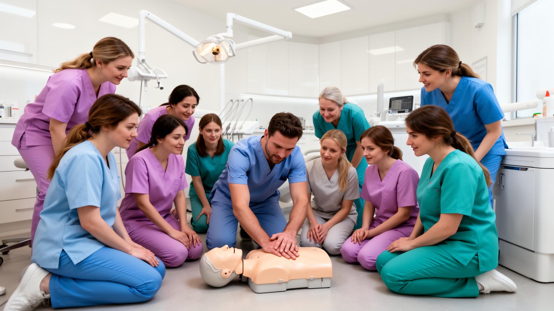 Dental professionals practicing chest compressions on CPR manikins during an onsite training session