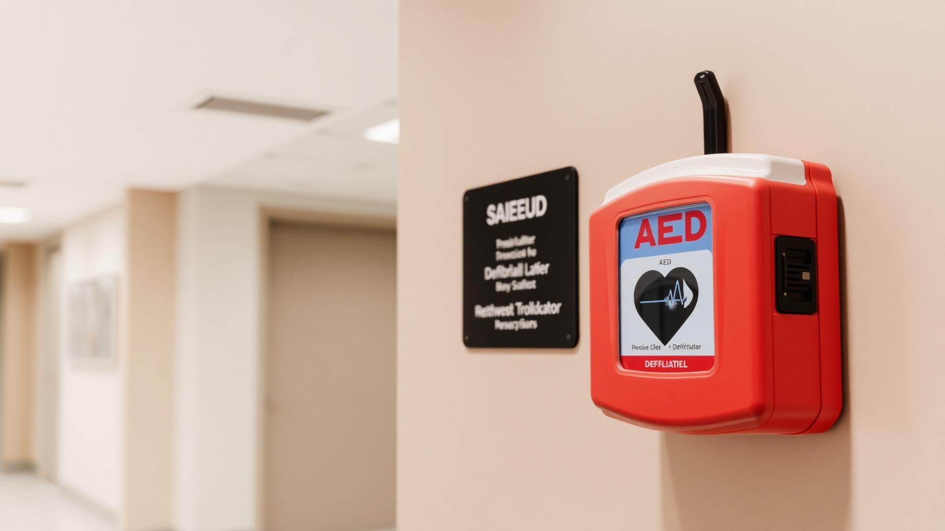 Wall-mounted AED defibrillator cabinet in a professional building