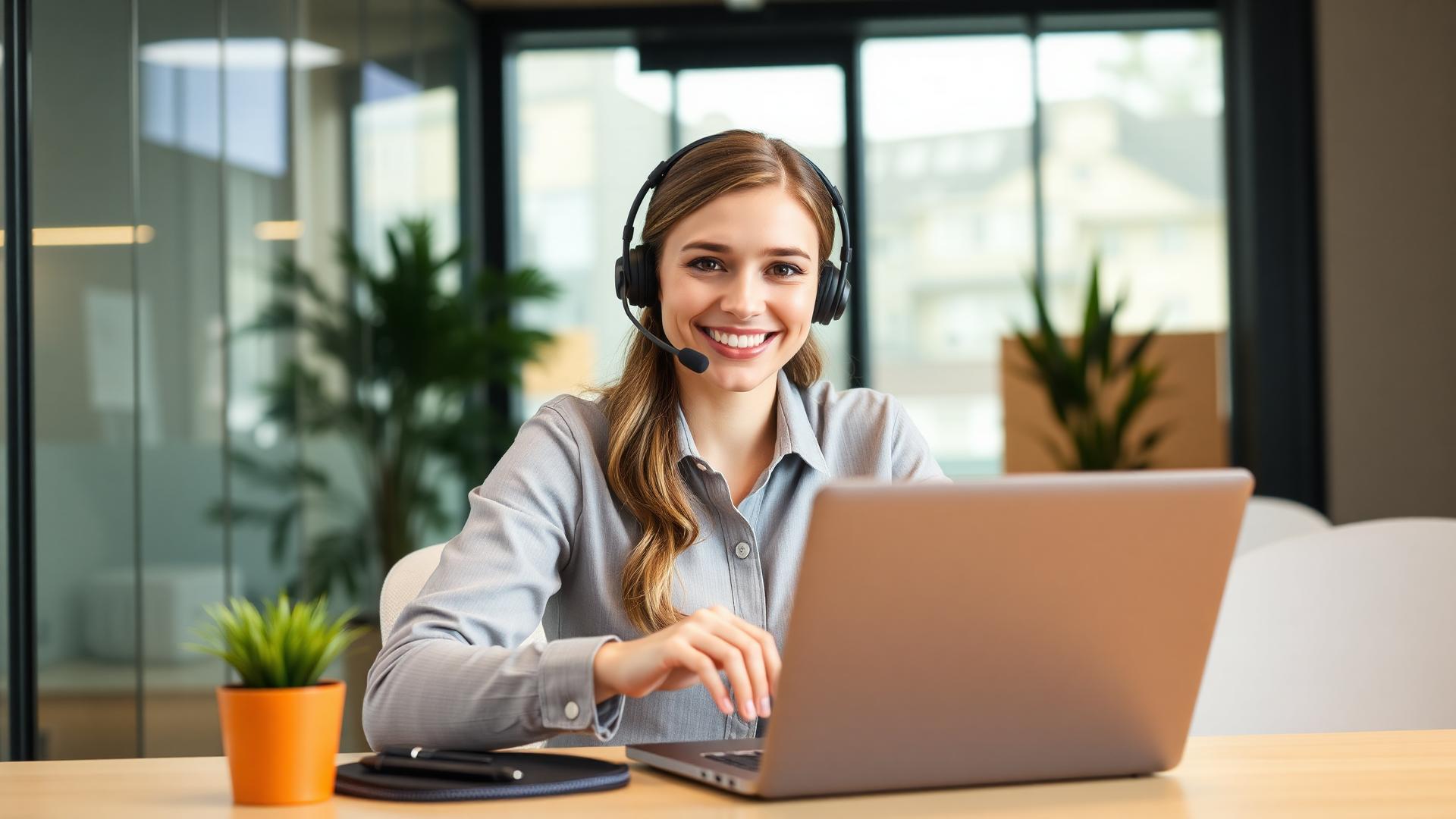 Friendly customer support specialist with headset assisting clients on a laptop