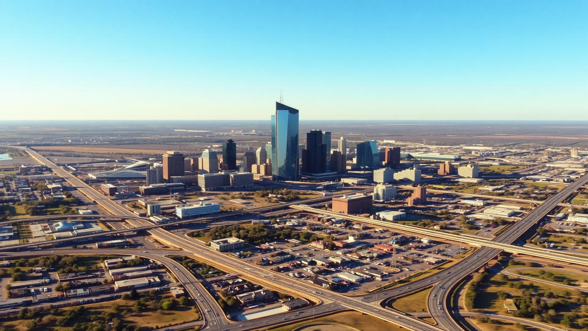 Aerial daylight view of a metropolitan service area skyline