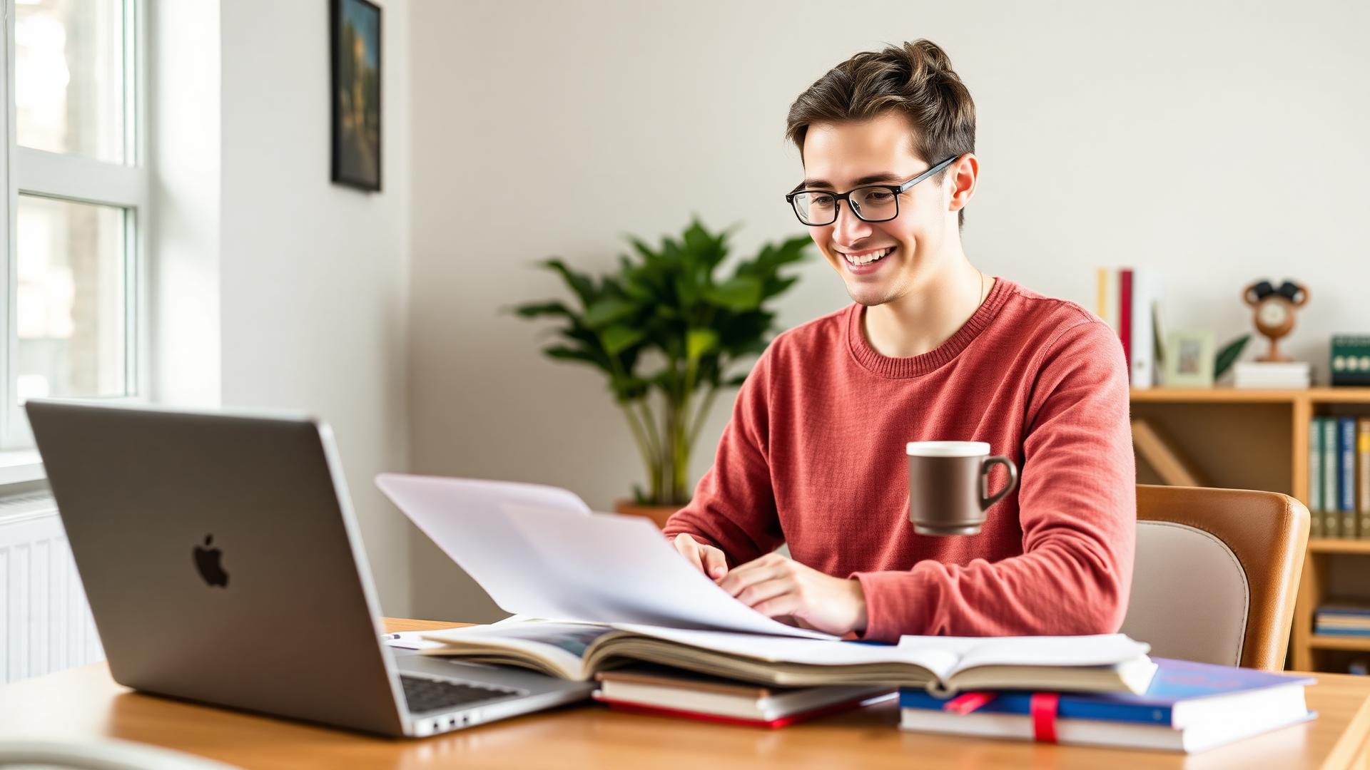 Adult student studying course materials on a laptop in a bright study space