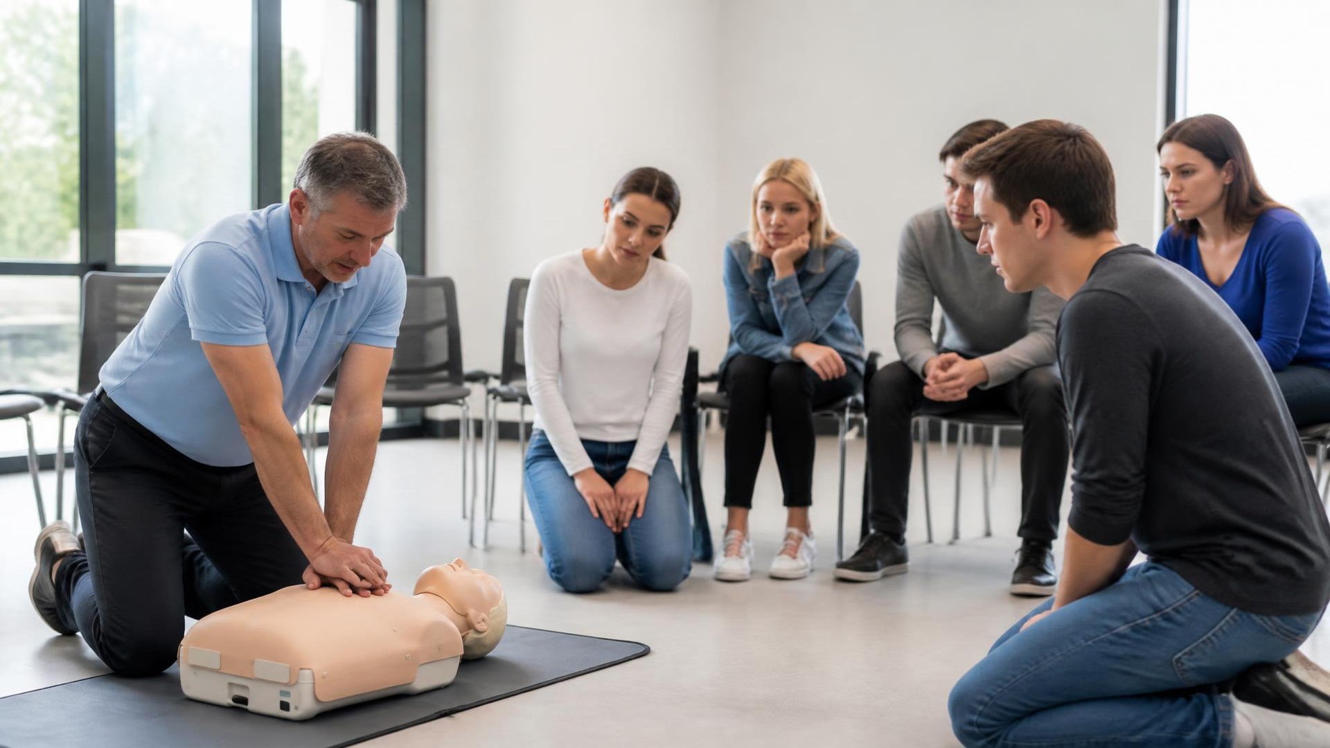 CPR instructor demonstrating chest compressions on a training manikin while adult students observe in a classroom