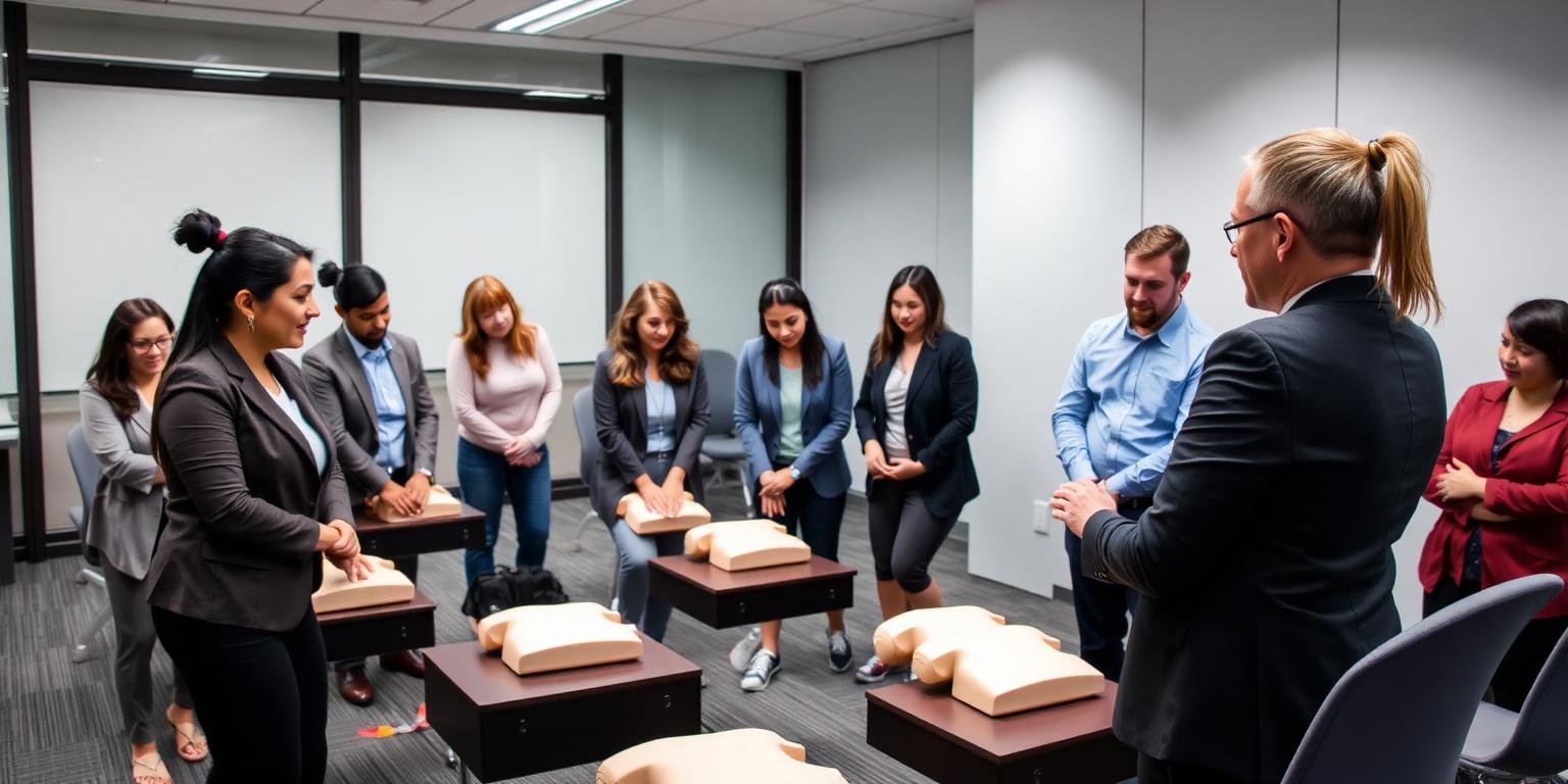 Adults learning CPR compressions on manikins during a workplace CPR and AED training class