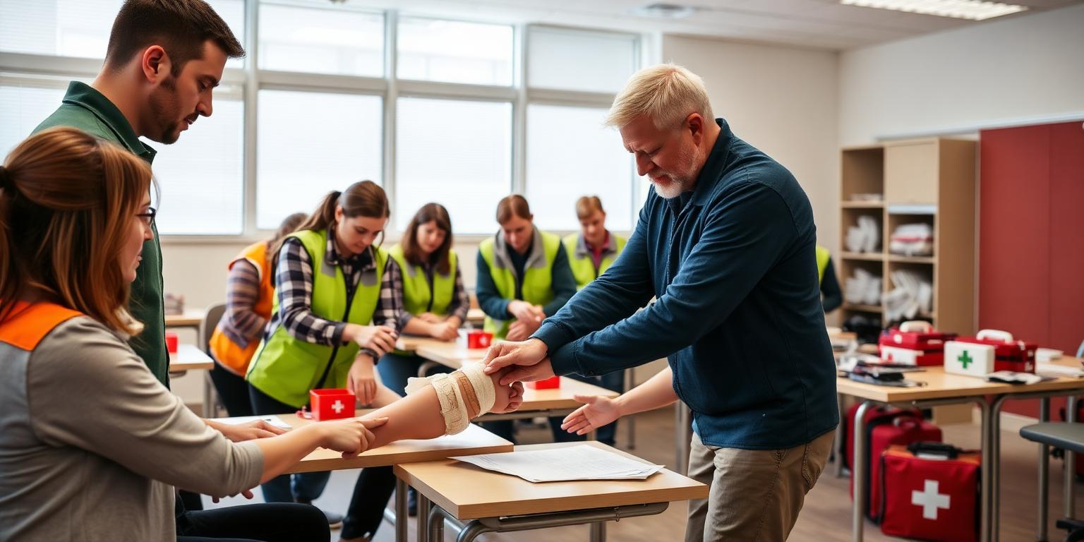 Workplace safety team practicing bandaging and injury care during a hands-on first aid training class