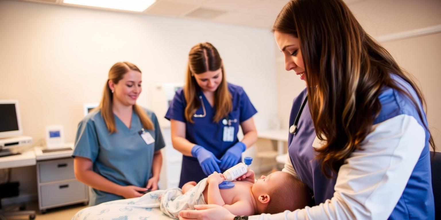 Pediatric clinicians practicing infant assessment and resuscitation in a pediatric simulation training room